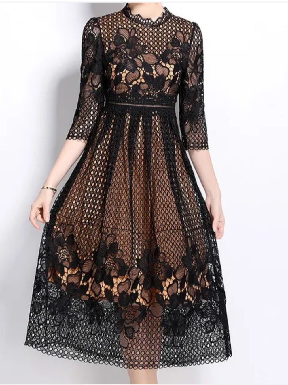 Dalia MacPhee Black Lace Midi Dress with Nude Lining and Floral Appliqué Small